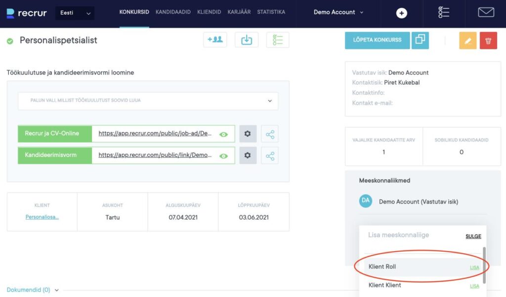Kliendi rolli kasutajate lisamine konkursi vaates - ekraanivaade | Recrur